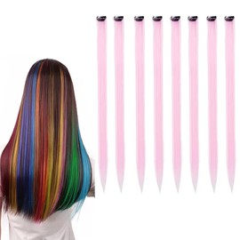 Kesaeki Straight Long Collar Wig, Single Color, Set of 8, One Touch, Hair Extension, Free Combination, 19.7 inches (50 cm), Clip, Easy Installation, Light Pink