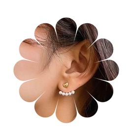 Yheakne Boho Pearl Ear Jacket Earrings Gold Heart Stud Earrings Love Heart Earrings Vintage Double Sided Stud Earrings Jewellery for Women and Girls Gifts, Alloy Steel