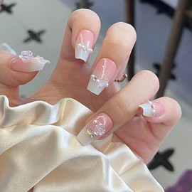 24Pcs Pink Press on Nails Medium Square Fake Nails with 3D Pearl Flower Charms Camellia Flower False Nails Full Cover Glossy Acrylic Nails Rhinestones Glue on Nails for Women Girls Nail Art Supplies