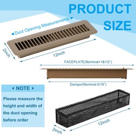 Therwen 12 Pcs Floor Vents Register with Cover Trap Set, Heavy Duty Floor Vent Covers Walkable Design with Damper and Floor Register Screen Vent Mesh Filters for Floor (Brown,2" x 12")