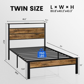 Liians Twin Bed Frame with Storage Headboard USB Charging Station, Smart LED Lights, Metal Platform Bed Easy Assembly, No Box Spring Needed