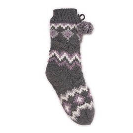 MUK LUKS Women's Chunky Fairisle/Cable Mix Cabin Socks, Grey, L/XL