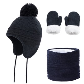 Hopsooken Winter Hats Scarf and Mittens Set for Kids Baby Girls Boys Toddler Warm Beanie Fleece Caps with Earflap (4-6 Years Navy)