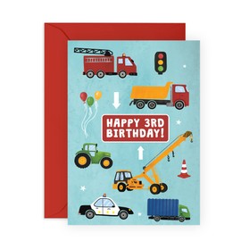 CENTRAL 23 Colorful Third Birthday Card for Boys - Happy 3rd Birthday - Age 3 - Three Year Old - Truck and Car Greeting Card - Fun Vehicle Themed Card for Kids - Son, Grandson, Toddler