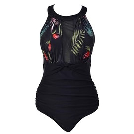 Viloree Women's Slimming Swimming Costume - Ruched One-Piece High Neck Swimwear, Beachwear, Flowers #2, m