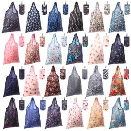 Paterr 24 Pcs Foldable Reusable Shopping Bag Recycle Travel Grocery Bag Fold to Pocket Tote Bulk for Daily Supplies Load (Elegant Style)