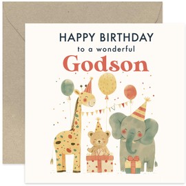 1st Birthday Card for Godson - Safari Jungle Animals - 2nd 3rd Children Kids Happy Birthday Card - Gifts for Godson - First Birthday Gifts for Him - Cute Birthday Cards for Boys