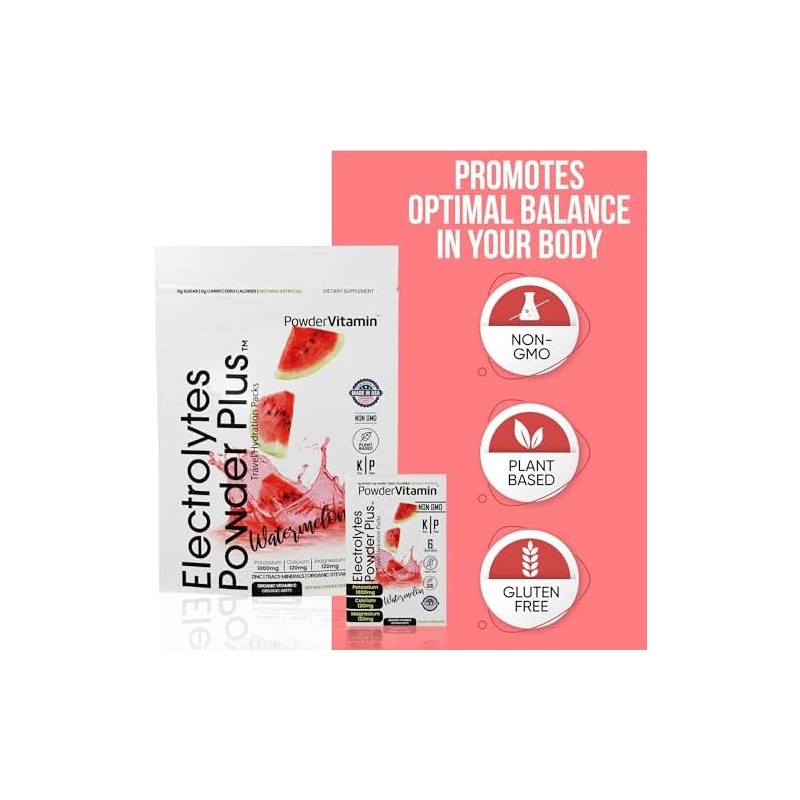 PowderVitamin Electrolytes Powder Plus, cetogénico, sandía, sin azúcar, 1000 mg