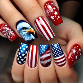 Patriotic Press on Nails 4th of July Fake Nails Square Shape Acrylic Nails American Flags False Nails Independence Day Glue on Nails Full Cover Artificial Nails Reusable Press on Nails for Women