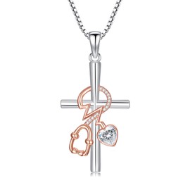Rikelus Natural Diamond Cross Necklace for Women,18K Rose Gold Plated 925 Sterling Silver Stethoscope Heart Necklaces,Medical Jewelry for Doctor Nurse Medical Student RN Nurse Gifts