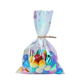 JIHUOO Pack of 100 80 x 130 mm Iridescent Holographic Cellophane Bags Cellophane Bags Pastry Bags with Twist Ties