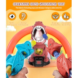 Protado Dinosaur Shooting Toy for Boys Girls, Movable Target Shooting Games with 2 Air Pump Launcher, 48 Foam Balls, LED Score Record, Spray Effect & Sound, Competition Game Gift for Kids 5 6+ (Red)