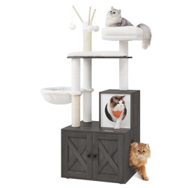 Feandrea Cat Tree with Litter Box Enclosure, 2-in-1 Modern Cat Tower, 54.3-Inch Cat Condo with Scratching Posts, Removable Pompom Sticks, Misty Gray UPCT113G02