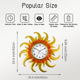 HOBYLUBY Large Outdoor Clock Silent Non-Ticking, Sun Outdoor Wall Clock with Thermometer & Hygrometer Combo Outside Clock for Patio, Home Decorations(Yellow)