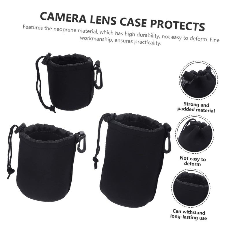 LALAFINA 3pcs Neoprene Camera Lens Bags Small Medium Large Drawstring