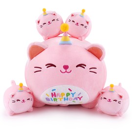 Birthday Plush Cat Stuffed Animals Mommy with Baby, 5PCS Mommy Plush Set Cuddly Toy Happy Birthday Decoration Stuffed Cat Large Plush Toys Hugging Pillow Soft Animal Plushie Kitten Family Gifts