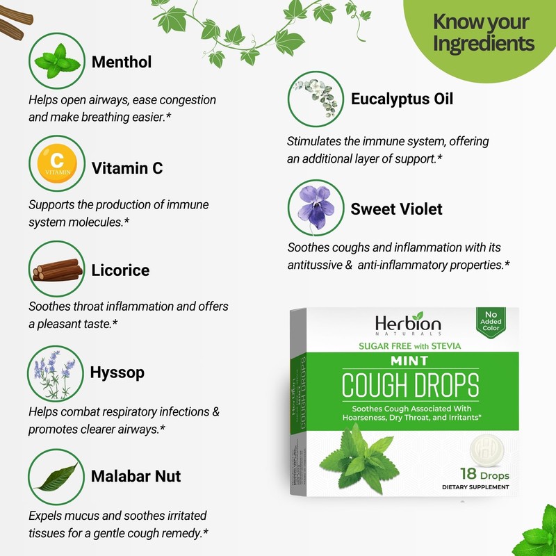 HERBION Naturals Cough Drops, Sugar-Free with Stevia, Dietary Supplement, Soothes