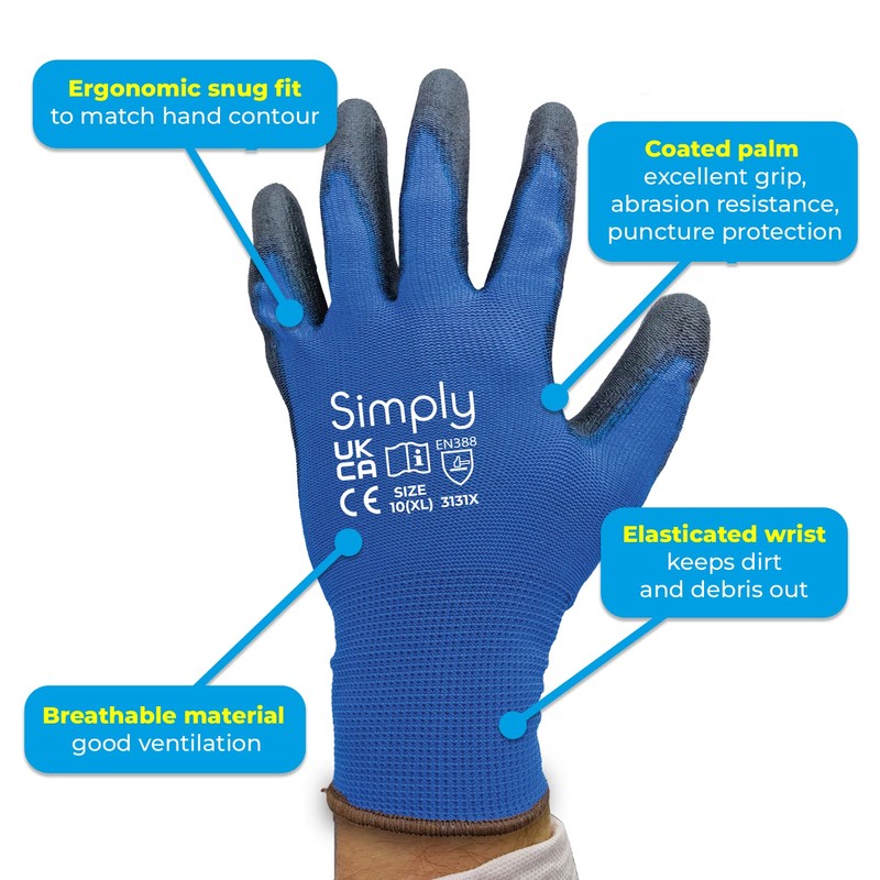 Simply Unisex Pucg002 Polyester PU Coated Gloves, Black & Blue,