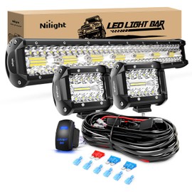 Nilight 20 Inch 420W Triple Row Spot Flood Combo 2 PCS 4 inch 60W Led Pods Flood Boat Lights Driving Fog Lights Work Light for Trucks with 16AWG Off Road Wiring Harness- 3 Leads, 2 Years Warranty