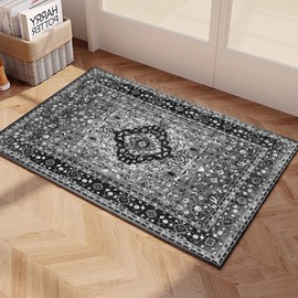 Yancorp 3'x5' Boho Area Rug for Bedroom Non Slip Washable Rug Vintage Carpet Living Room Non-Shedding Indoor Floor Mats Bedroom Kitchen Entryway Rugs-Rectangle Black Grey