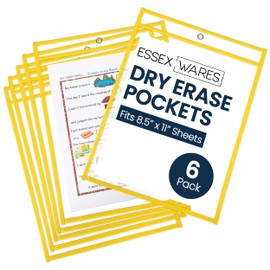 Essex Wares - 6 Pack, Yellow, Dry Erase Pocket Document Protectors, 10" Wide x 13.5" Tall - Dry Erase Clear Plastic Sleeves - Reusable & Easy Erase Plastic Invoice Holders, Water-Resistant & Durable