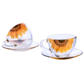 STP GOODS Sunflowers Glass Tea Cup and Saucer Set of 2 Glass Teacups 6.8 fl oz (200 ml) Cups with Matching Saucers for Two, Tea Coffee Set for 2, Coffee Cups, Dishwasher and Microwave safe