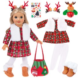 ebuddy 18 inch Doll Clothes and Accessories- Christmas Costume Playset Including Dress,Fur Vest, Tights, Boots, Hair Clips,Bell and Sticker (No Doll)