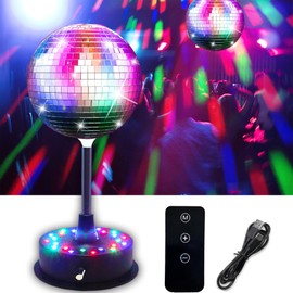 6'' Mirror Disco Ball with 24 LEDs Remote Control 5--9 RPM Adjustable Rotating Motor Base Disco Lamps Ceiling Decor For Show Party Dancing Hall Club Ktv Nightclubs Bars（Includes Remote Controler)