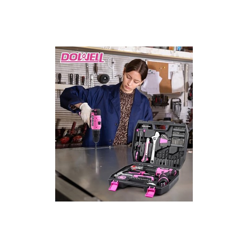DOWELL 147 Pcs Pink 12V Drill Tool Set, Tool Kit