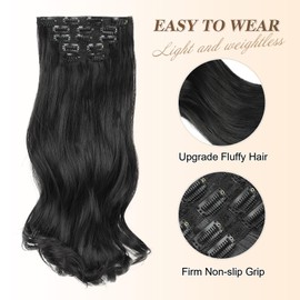 LUNDEREN Clip in Hair Extensions 5PCS Black Hair Extensions for Women 20 Inch Long Wavy Synthetic Hair Extension Invisible Lace Weft Natural Soft Hairpieces (Natural Black)