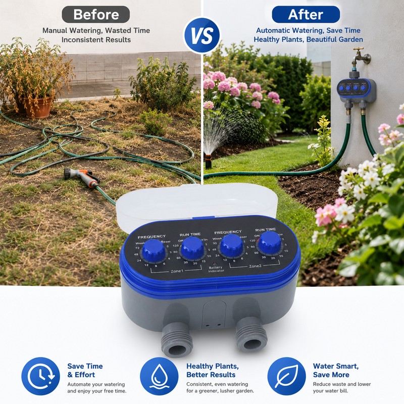 Two-Outlet Water Timer for Garden Irrigation – Automatic Electronic Hose