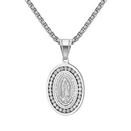 Flongo Kette jungfrau Maria silber: Halskette heilige Mary mutter gottes anhänger mit Strass Zirkonia virgen de guadalupe Oval medaille plättchen necklace edelstahl schmuck Geschenk für Damen Herren