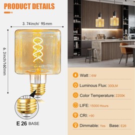 SD LUX Decorative Light Bulbs Vintage LED Edison Bulb 6W 300LM (40W Equivalent) dimmable Cube Globe CRI>90 Medium Base E26 Warm White 2200k,(95FP, 1 Pack)