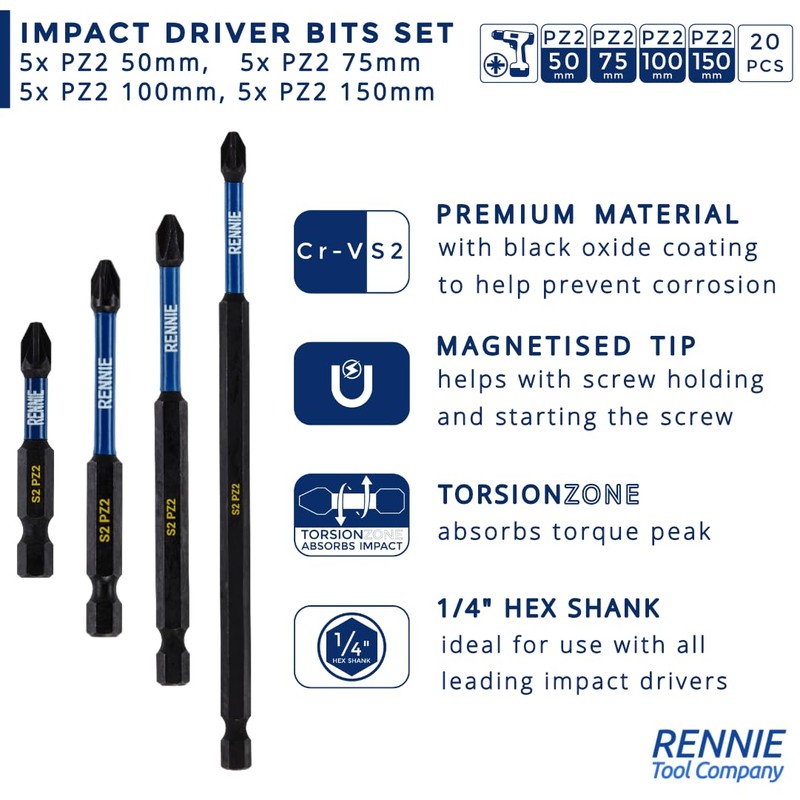 20 x Rennie Tools 50mm 75mm 100mm 150mm Long PZ2