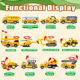 25 in 1 Die-cast Pull Back Construction Truck Vehicle Toys for 3-7Year Old Boy, Sounds and Lights in Large Carrier Truck, Age3+ Kids Child Boy Toy Cars Birthday Gifts