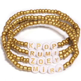 AICase for Golden Kpop Demon Hunters Merch Rumi Zoey Mira Inspired Bracelets 3 Pcs Stackable Stretch Friendship Beaded Bracelets for Huntrix k pop Merchandise Jewelry Gifts for Fans Women Men_Gold