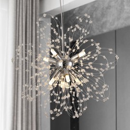 Lamparko Modern Small Chandeliers, Sputnik Sunflower Crystal Beaded Hanging Lamps, Round Chrome Dandelion Pendant Light for Kitchen Island Bathroom Bedroom Entryway (Chrome 8Lights)