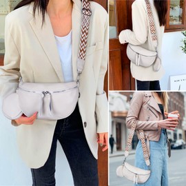 SUPRBIRD Bum Bag Women's Leather Small Shoulder Bag Women's Crossbody Wide Strap Bum Bag Women's Stylish Belt Bag White with Purse and Adjustable Shoulder Strap Hip Bag, White, Contemporary