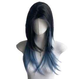 Vctitil Medium Length Layered Wigs Black with Blue Highlight Wigs Layered Wig with Bangs Wolf Tail Cut Wig Punk Wig Synthetic Wig for Women, Cosplay 18 inch
