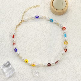 Yifnny Colourful Pearl Necklace, Y2k Summer Jewellery, Boho Imitation Pearl Necklace, Colourful Chains, Women's Hippie Chain, Beach Beads Necklace, White Short Pearl Necklace for Women, Resin, No