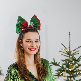 Foyte Christmas Bow Headband Sequins Bow Glitter Hair Hoop Green Party Bowknot Headpiece for Women and Girls