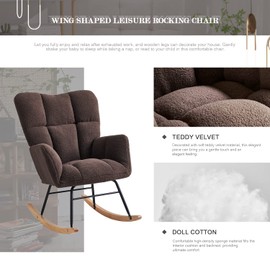 Ugijei Nursery Rocking Chair, Teddy Upholstered Glider Rocker with High Backrest Armchair, Modern Rocking Accent Chairs for Nursery, Living Room, Bedroom, Offices (Brown)
