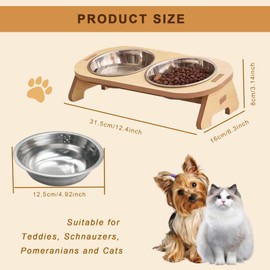 Druuzyl Raised Cat Bowl Stainless Steel with Bamboo Stand - Feeding Bowl & Water Bowl for Cats and Dogs, Non-Slip Feeding Station with Wooden Base