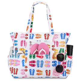 RAVUO Beach Bags for Women,XXL Large Tote Bag with Zip and Pockets Waterproof Sandproof Summer Bag Foldable Handbag for Travel Pool Shopping Holiday Gym,Slipper