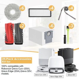 DrRobor 25PCS Qrevo S5V Replacement Accessories Kit Compatible with Roborock Qrevo Curv/Curv S5X/Qrevo Edge/Edge S5A Includes Dual Main Brush, HEPA Filters, Mop Pads, Side Brushes, Dust Bag and Tools