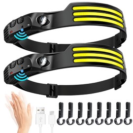Lampara Cabeza 2PCS,Linterna Cabeza LED de Detección Inteligente Recargable,Iluminación Gran Angular 230 °,Linterna con 6 Modos Luz Sensor Movimiento,para Acampar, Caminar