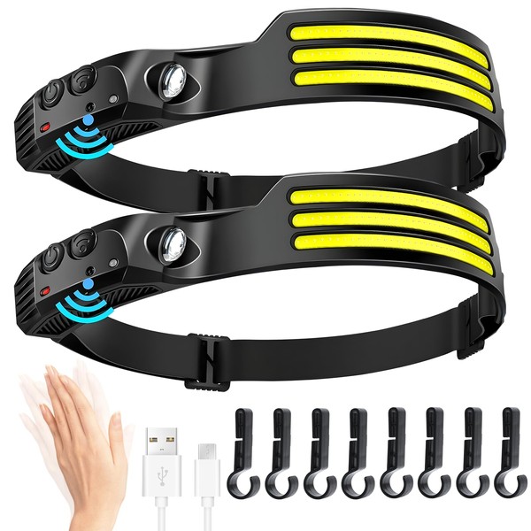 Lampara Cabeza 2PCS,Linterna Cabeza LED de Detección Inteligente Recargable,Iluminación Gran