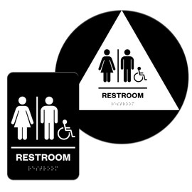 Factory Crafts | Self Stick ADA Unisex Bathroom/Restroom Sign Men and Women | Handicap Symbol | ADA and California Title 24 compliant with Braille | Black/White | Made in USA