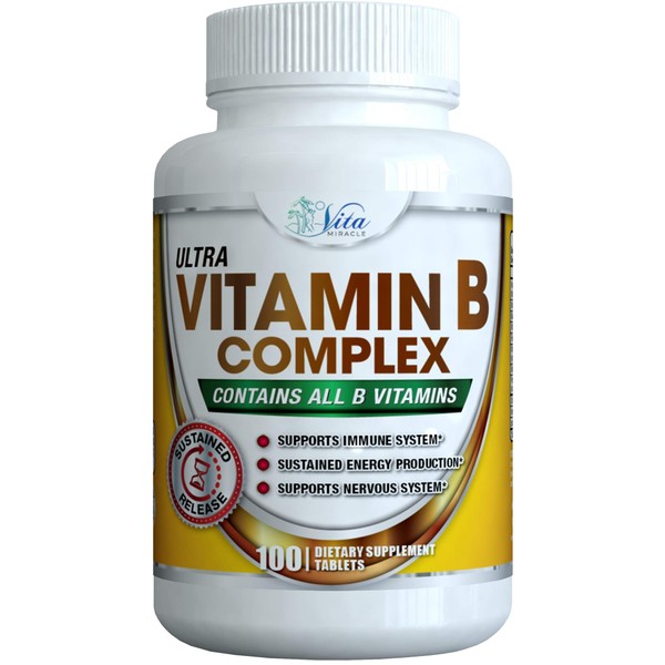 Super B Complex Vitamins (100-Count) - All B Vitamin High Potency Capsules Increase Energy Plus Sustained Release Pure B-Complex