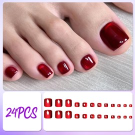 24Pcs French Tip False Toenails, Short Square Red Cat Eye Glitter Fake Toe Nails Tips, Pure Color Full Cover Press on Toe Nails, Acrylic Summer Beach Stick on Toenails for Women Girls DIY Nail Art
